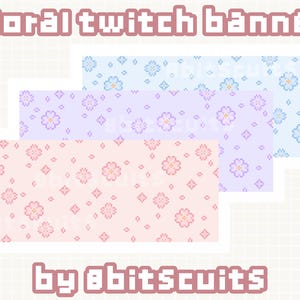 Puede incluir: Tres patrones florales digitales en rosa, morado y azul. Los patrones son pixelados y presentan pequeñas flores y estrellas. El texto "floral twitch banner by 8bitscuits" está en la parte inferior de la imagen.