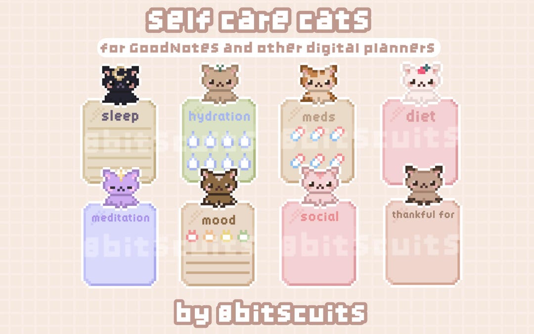 Cute Self Care Planner Cats • Digital Stickers • PNG Pack for Goodnotes ...