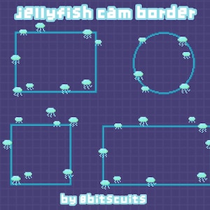 Peut inclure: Illustration numérique avec quatre formes géométriques : deux carrés, un rectangle et un cercle, tous soulignés en bleu clair. De petites méduses pixélisées sont espacées le long des bordures. Le texte "jellyfish cam border" et "by abitscuits" sont en haut et en bas.