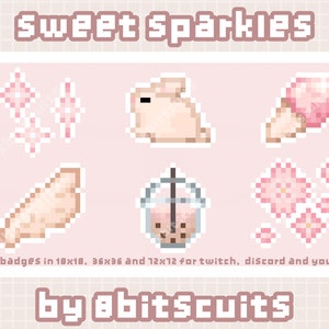 Sweet Sparkles • Pixel Art Icon Pack • Cute Twitch Sub Bit Badges • Desktop Icons • Sparkles, Bunny, Angel Wings, Bubble Tea, Sakura, Tenshi