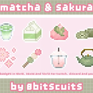 Matcha & Sakura • Pixel Art Icon Pack • Cute Twitch Sub Bit Badges • Desktop Icons • Matcha Latte, Mochi, Sakura, Dango, Milkshake, Teapot