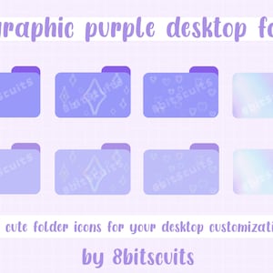 May include: Eight purple desktop folder icons with holographic and patterned designs. The text on the image reads "holographic purple desktop folders" and "8 cute folder icons for your desktop customization!" by "8bitscuits."