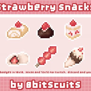Strawberry Snacks • Pixel Art Icon Pack • Cute Twitch Sub Bit Badges • Desktop Icons • Cakeroll, Cake, Mochi, Strawberry Skewer, Ice Cream