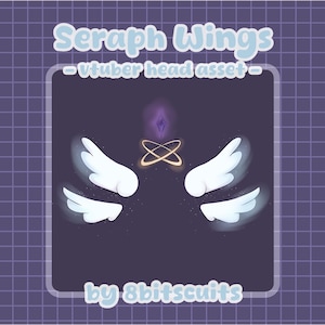 Puede incluir: Arte digital de Seraph Wings, un activo de cabeza Vtuber. La imagen presenta dos pares de alas blancas con un efecto brillante, una gema púrpura y anillos dorados sobre un fondo morado oscuro con un patrón de cuadrícula. El texto incluye "Seraph Wings" y "by 8bitscuits."
