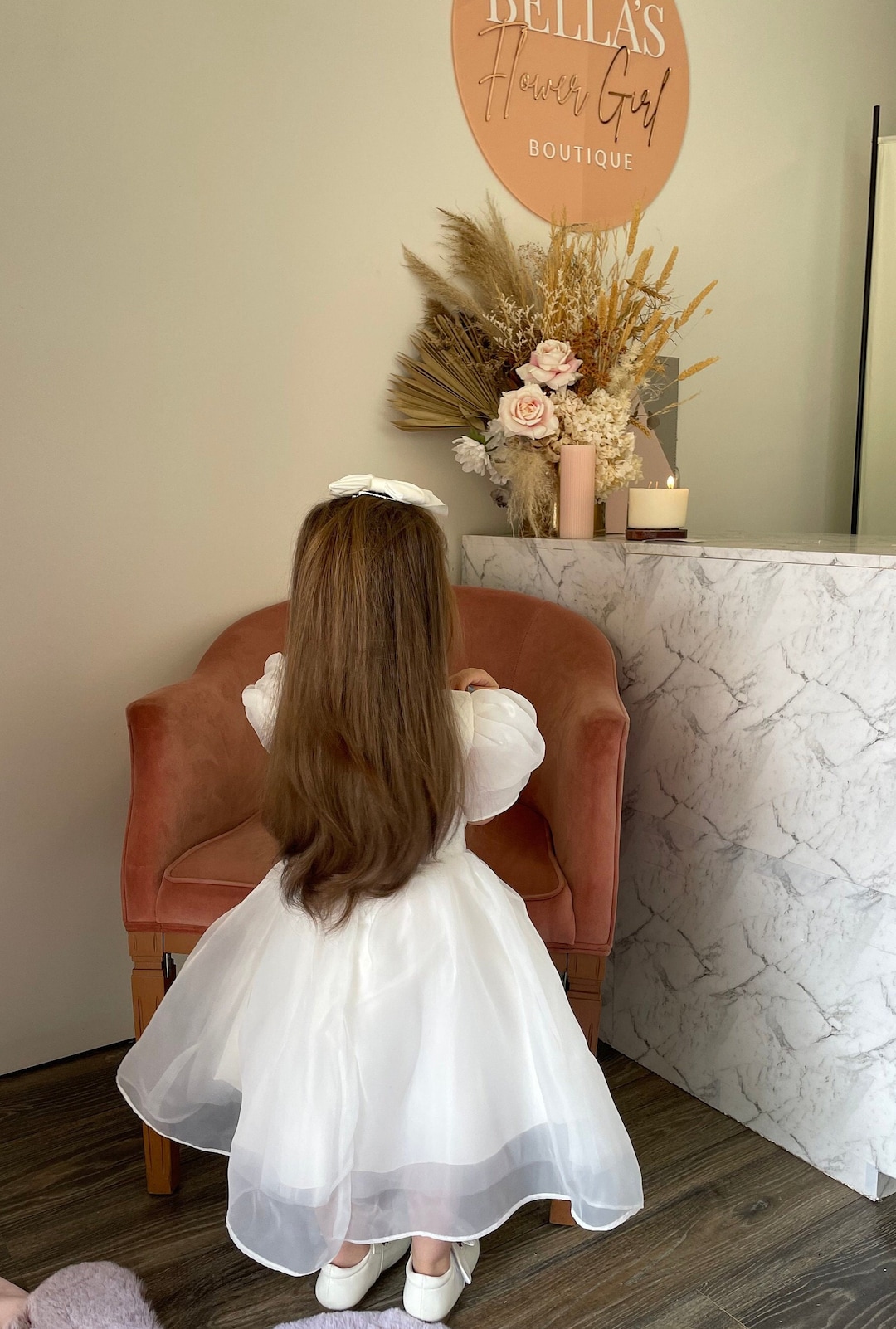 Flower Lace Dress for Girls Puff Sleeves Princess Gown for Birthday and Formal Events