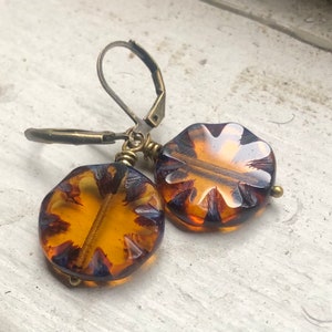 Czech Glass Root Beer Coin Beaded Earrings
