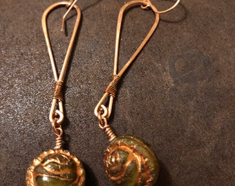 Czech Glass/ Rose beads/ Copper/ Rose Gold Earrings