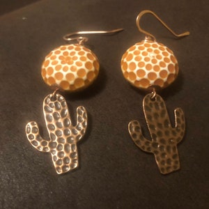 Lucite Vintage Dimpled Pillowed Bead/ Hammered copper Charm/ Earrings