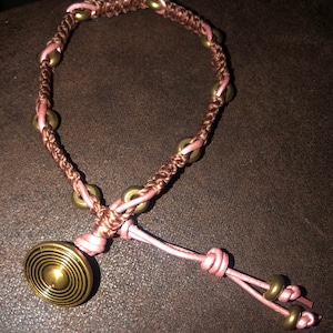 8  1/4” Leather/ Linen Macrame Stitched/ Brass Beaded Bracelet