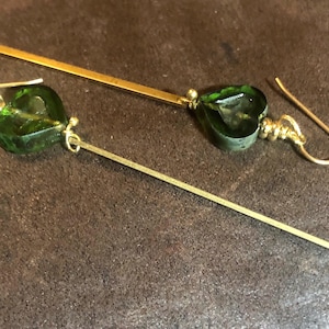 Spring Green Czech Glass Hearts/ Raw Brass Stick bar Charm/ Earrings