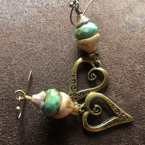 Antique Bronze Heart Charmed / Czech Glass / Earrings