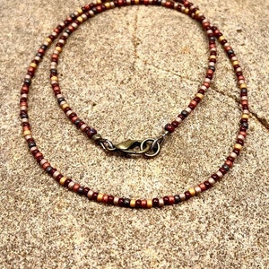 Teeny Tiny Seed Bead Minimalist Style Necklace Beaded Layering Necklace Simple Boho MultiColor Autumn Reds Browns Yellows Orange Gold AOC