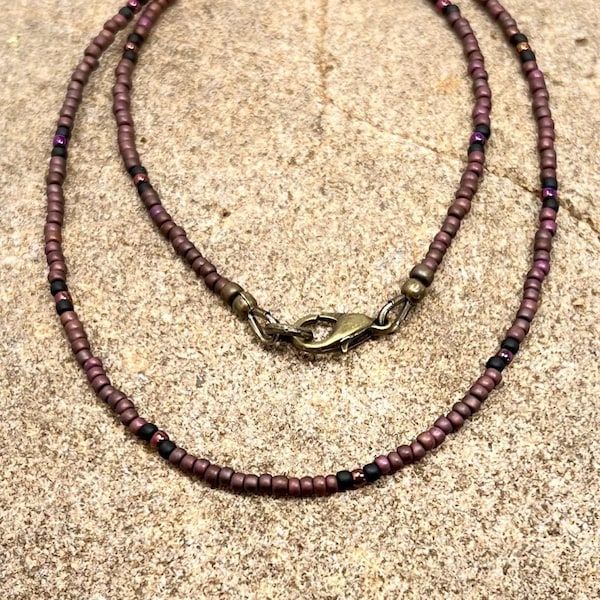 Teeny Tiny Seed Bead Minimalist Style Necklace Beaded Layering Necklace Simple Boho MultiColor Matte Metallic Copper Raspberry Black AOA