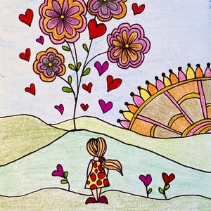 Planting Seeds Of Love ACEO ORIGINAL Whimsical Girl Floral Abstract Flowers Hearts Sunrise Hills