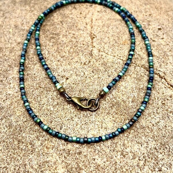 Teeny Tiny Seed Bead Minimalist Style Necklace Beaded Layering Necklace Simple Boho MultiColor Blues Teals Turquoise Grays Brass AOE