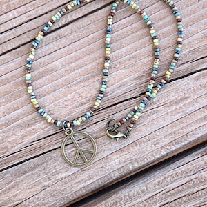 Minimalist Style Hippie Peace Sign Pendant Seed Bead Layering Necklace Boho Multicolor Picasso Red Blue Chartreuse Turquoise Brown Yellow DP