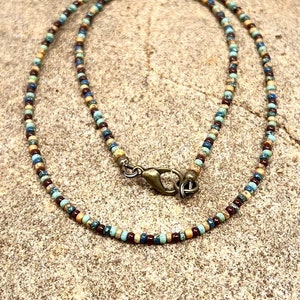 Teeny Tiny Seed Bead Minimalist Style Necklace Beaded Layering Necklace Simple Boho Reds Gold Picasso Brown Dark Teal Turquoise AOG