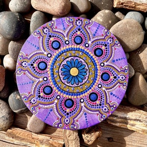 Blue Daisy Mandala Acrylic Dot Art Painting 8 Inch Round Stretched Canvas Iridescent Shimmer & Metallic Colors Gold Black Blues Purples Red