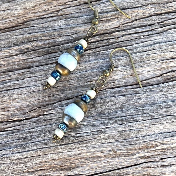 Rustic Boho Dangle Earrings Brass Gypsy Hippie Earring Aquamarine Gemstones Pale Blue Gemstone Earrings Soft Blue