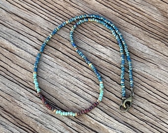 Minimalist Style Dainty Seed Bead Necklace Beaded Layering Necklace Simple Boho Color Block Picasso Montana Blue Red Turquoise Brown H