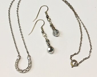 Vintage Crystal Horseshoe Necklace & Handcrafted Earrings Sparkly Silver Set Western Cowgirl Rodeo Bling