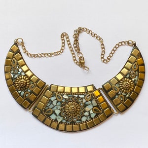 Vintage Brass & Mother Of Pearl Mosaic Bib Necklace 20 Inch Plus Extender India Indian