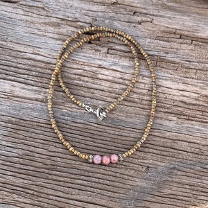 Simple Brown Picasso Seed Beads & Rhodochrosite Gemstones Silver Finish Necklace Boho Casual Layering Necklace Minimalist Style