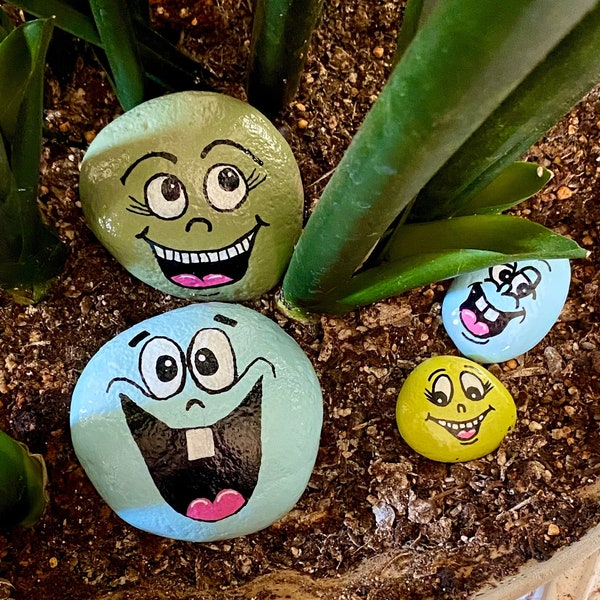 Handpainted Silly Face Art Rocks SMALL Funny Face Potted Plant Pals Garden Buddies Painted Stones Houseplant Decor
