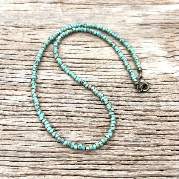 Minimalist Style Seed Bead Necklace Beaded Layering Necklace Simple Boho Rustic Turquoise Picasso Glass & Bright Brass Beads JB