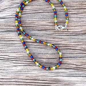 Boho Hippie Seed Bead Necklace Beaded Love Beads Layering Necklace Unique Transparent Crystal Rainbow Colors Glass Beads Festival Hippy