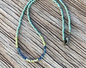 Minimalist Style Dainty Seed Bead Necklace Beaded Layering Necklace Simple Boho Color Block Picasso Cobalt Blue Turquoise Chartreuse I