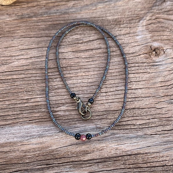 Teeny Tiny Seed Bead Necklace Minimalist Boho Beaded Layering Necklace Matte Copper Grey Beads Brass Black Onyx & Faceted Rhodochrosite SP3