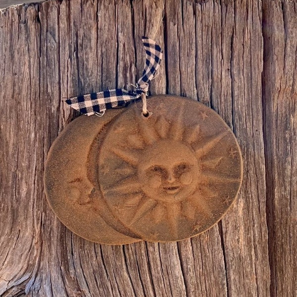 Primitive Rustic Handmade Blackened BEESWAX SUN & MOON Ornament Folk Art Decor Cinnamon Rubbed Scented Spicy Or Unscented