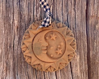 Primitive Rustic Handmade Blackened BEESWAX Sun Moon & Stars Ornament Folk Art Decor Cinnamon Rubbed Scented Spicy Or Unscented