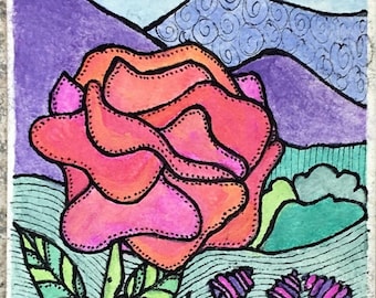 Mountain Rose ACEO ORIGINAL Watercolor Floral Hills Flowers Mountains ATC