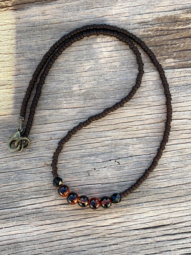 May include: A dark brown beaded necklace with a clasp. The necklace features a series of small, dark brown beads and a section of larger, amber-colored beads with black accents. The necklace is displayed on a wooden surface.