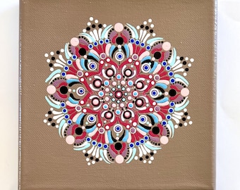 Native Vibes Small Dot Art Acrylic Painting 6 X 6 Inch Canvas Reds Blues Pink Purple Tan Colors Vibrant Simple Mandala