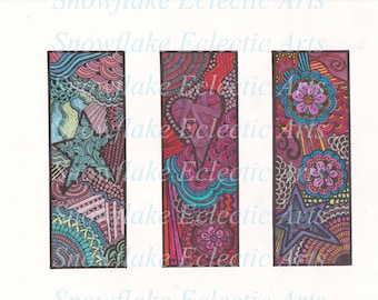 DIY BOOKMARKS - Instant PDF Digital Download - Printable Coloring Page - Hearts Flowers & Stars - Zentangle Style - Set Of 3