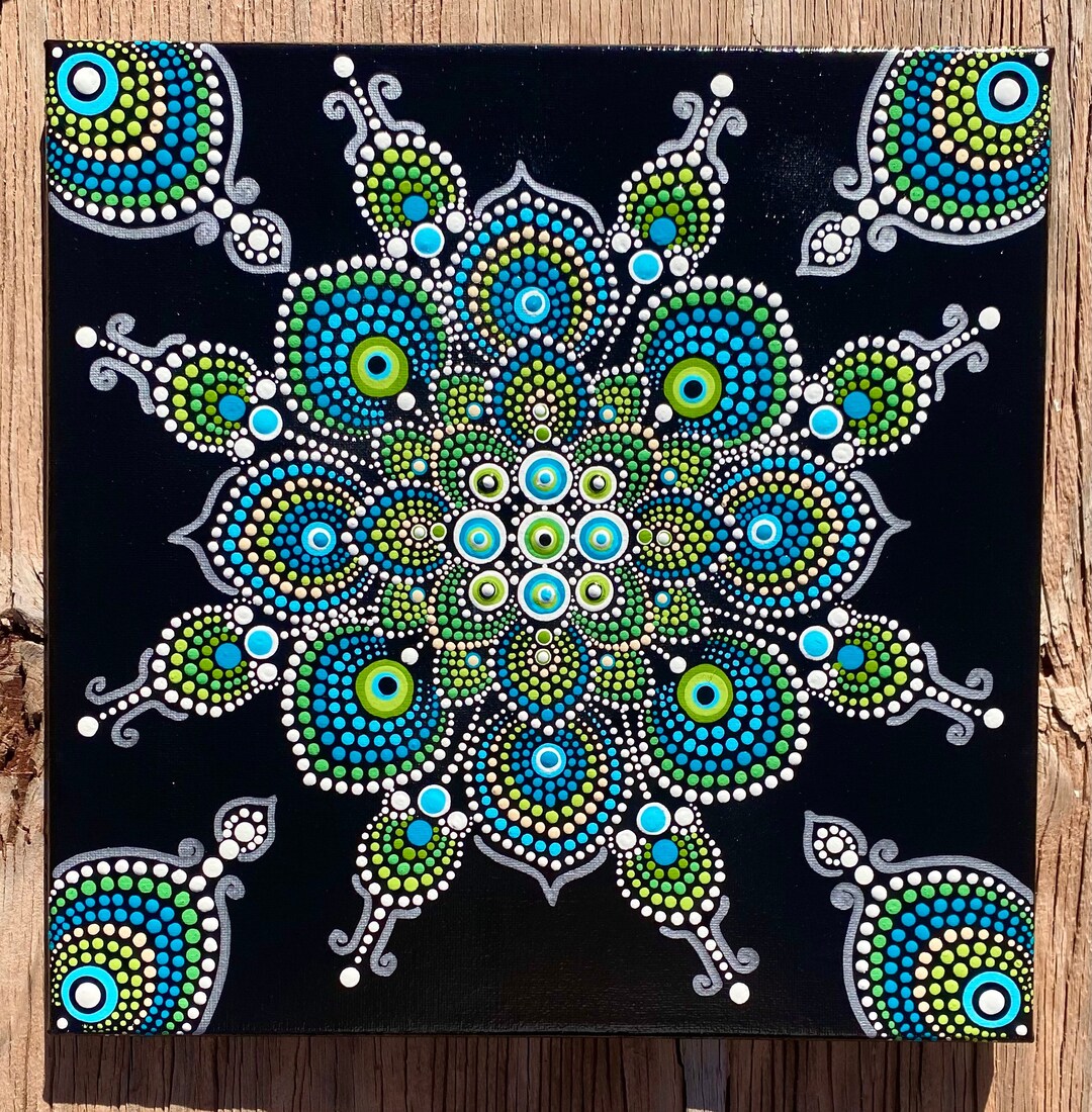 Silver Teals Mandala Acrylic Dot Art Painting 12 X 12 Stretched Canvas