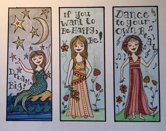 DIY Printable Coloring Page BOOKMARKS - Instant PDF Digital Download - Serenity Girls Bookmark Trio A - Set Of 3 - Adults - Children