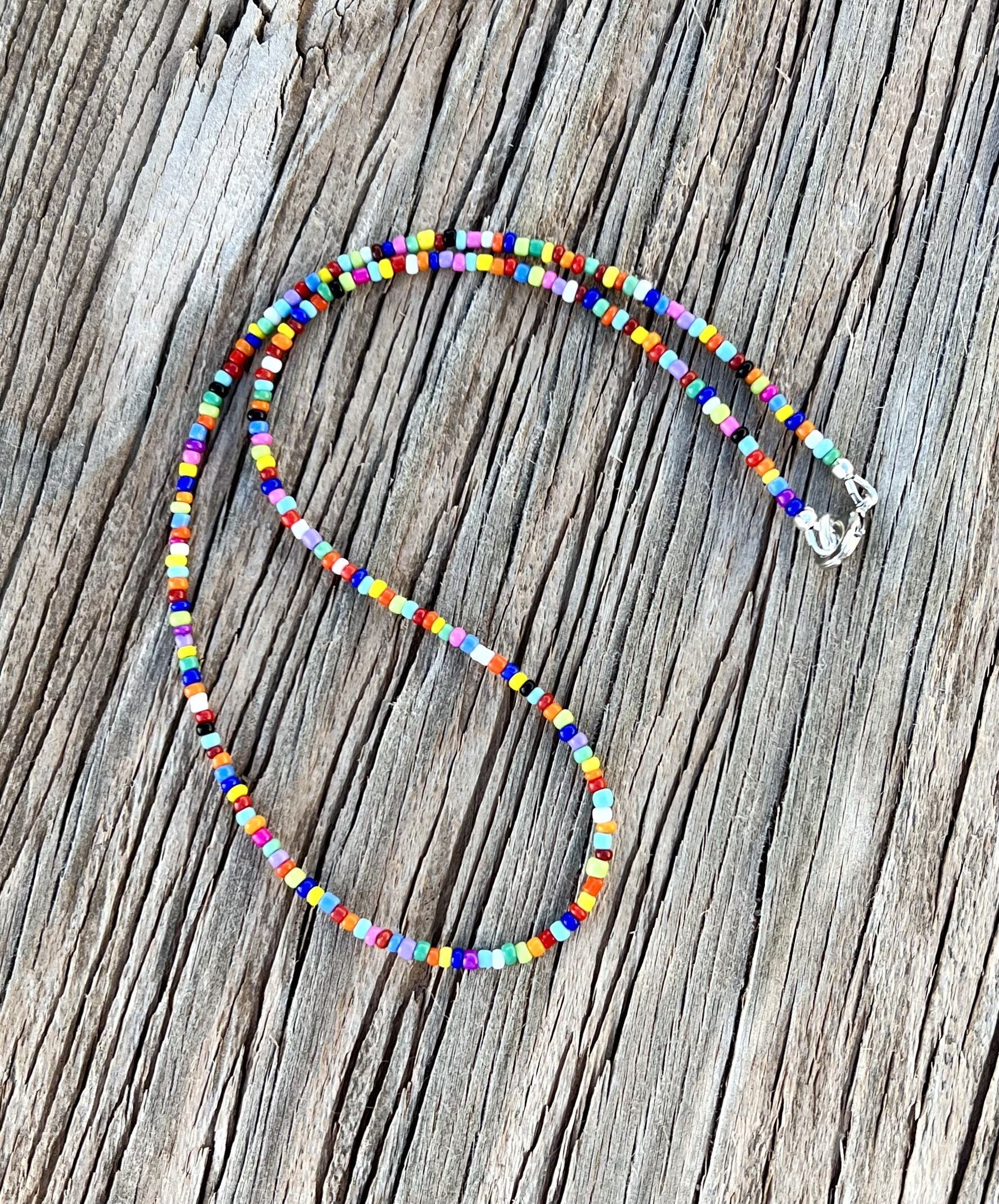 Minimalist Style Dainty Seed Bead Necklace Beaded Layering Necklace Boho Multicolor Confetti Rainbow Multi Color Hippie Festival Beads CR