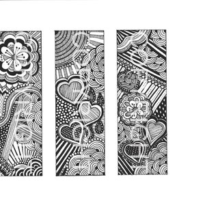 DIY LESEZEICHEN - Instant PDF Digitaler Download - Druckbare Malseite - Herzen & Blumen - Zentangle Stil - 3er Set
