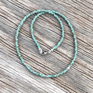 Minimalist Style Seed Bead Necklace Rustic Beaded Layering Necklace Simple Boho Picasso Turquoise Silver Finish Grooved Spacer Beads TQC