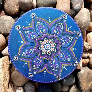 Dark Star Mandala Acrylic Dot Art Painting 8 Inch Round Stretched Canvas Iridescent Shimmer & Metallic Colors Gold Silver Blues Purples Red