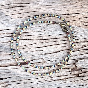 Teeny Tiny Seed Bead Minimalist Style Necklace Layering Necklace Boho Multi-Color Picasso Blue Red Turquoise Chartreuse Brown Yellow DDD