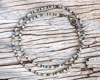Teeny Tiny Seed Bead Minimalist Style Necklace Layering Necklace Boho Multi-Color Picasso Blue Red Turquoise Chartreuse Brown Yellow DDD