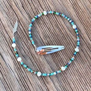 Boho Beaded Hairclip Seed Bead Hairclips Hippie Festival Multicolor Blues Ocean Beach Vibes Silver Feather Long Hair Clips Pearls Jewelry OC