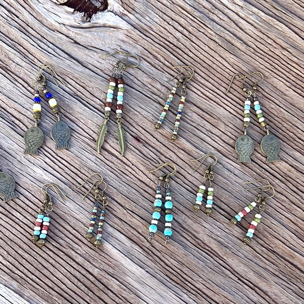 Petite Rustic Boho Minimalist Style Dangle Earrings Brass Tribal Gypsy Hippie Earring Simple Stacked Bead Picasso Glass Gemstone YOU CHOOSE