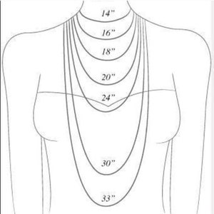 May include: Illustration of necklace lengths, ranging from 14 inches to 33 inches, displayed on a person's torso. The lengths are labeled with their respective measurements in inches, providing a visual guide for necklace sizing.