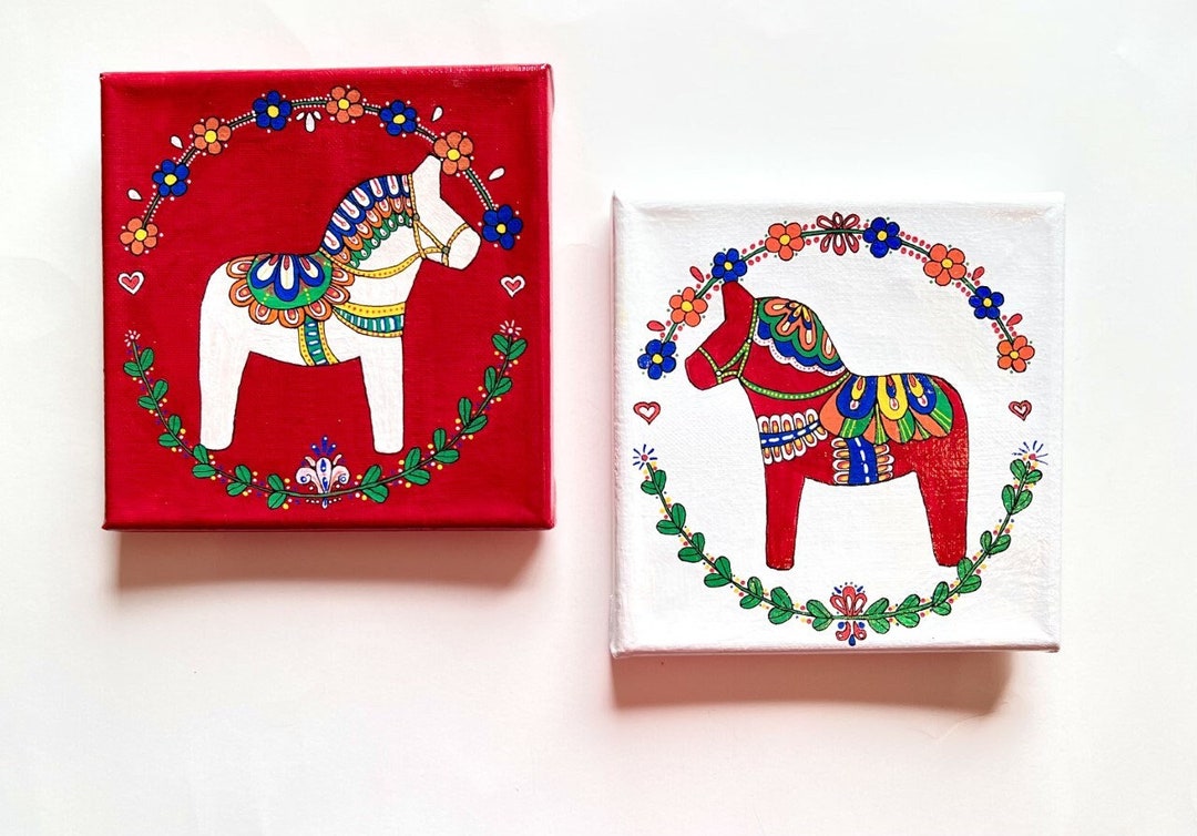 Dala Horses Paintings 6 X 6 Inch Canvas Acrylic Art Choose White or Red ...